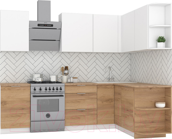 Изображение товара Кухонный гарнитур Интермебель Микс Топ-15 2x1.6м правая (белый премиум/дуб крафт золотой/венато)