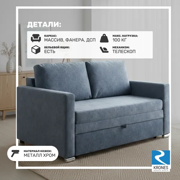 Изображение товара Диван KRONES Афродита выкатная 195x100 (велюр серо-синий)