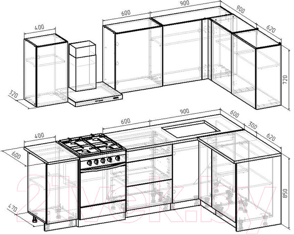 Изображение товара Кухонный гарнитур Интермебель Микс Топ-24 1.9x1.52м правая (белый премиум/дуб крафт золотой/венато)