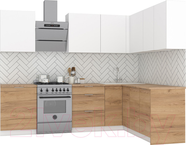 Изображение товара Кухонный гарнитур Интермебель Микс Топ-26 2.1x1.52м правая (белый премиум/дуб крафт золотой/венато)