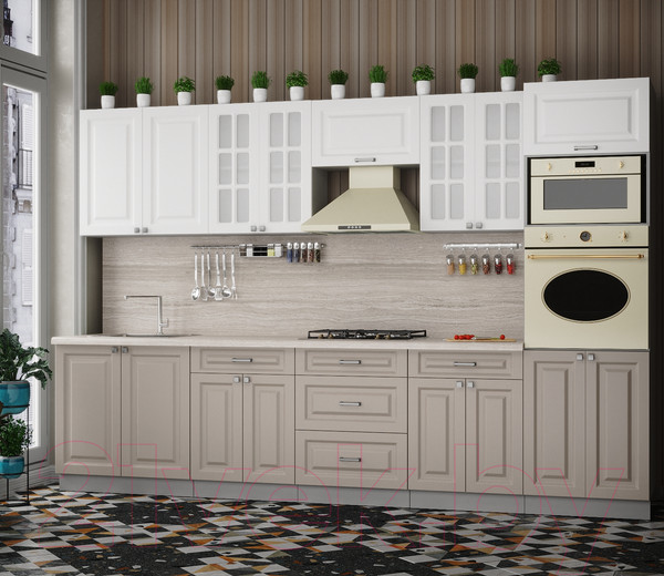 Изображение товара Кухонный гарнитур Интерлиния Мила Деко 3.2 (белый/луна/травертин серый)