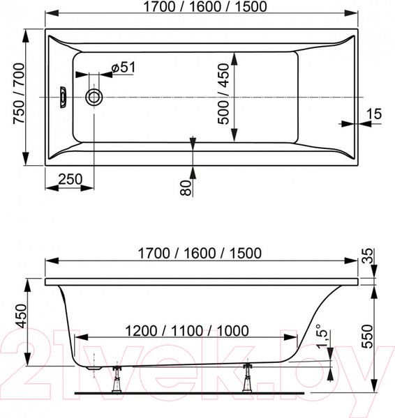 Изображение товара Ванна акриловая VagnerPlast Veronela 170x75 / VPBA170VEA2X-04 (с каркасом)