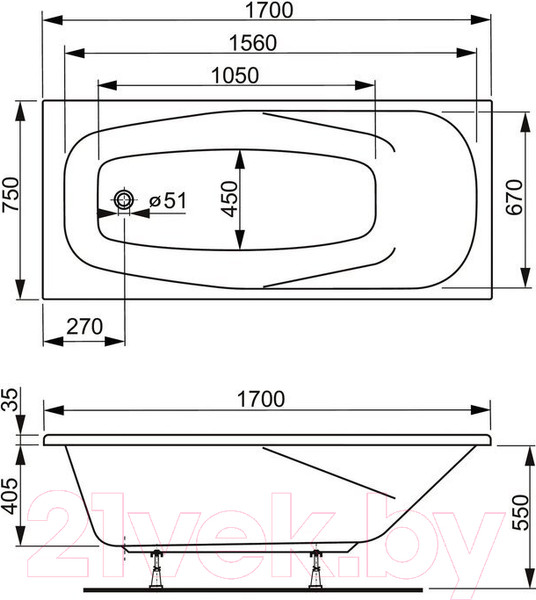 Изображение товара Ванна акриловая VagnerPlast Aronia 170x75 / VPBA170ARN2X-04 (с каркасом)