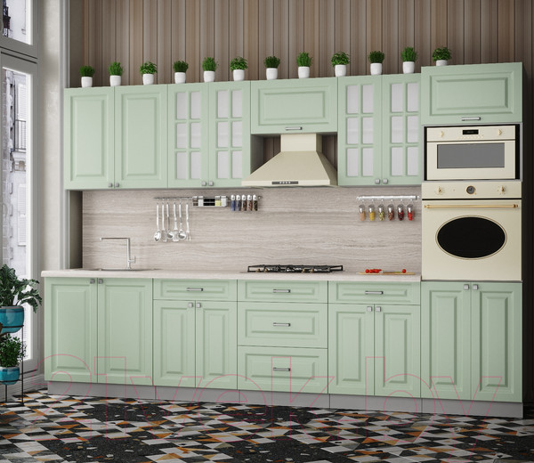 Изображение товара Кухонный гарнитур Интерлиния Мила Деко 3.2 (мята/мята/травертин серый)