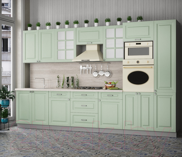 Изображение товара Кухонный гарнитур Интерлиния Мила Деко 3.4 (мята/мята/травертин серый)