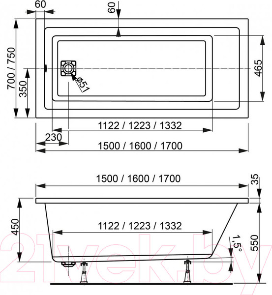 Изображение товара Ванна акриловая VagnerPlast Cavallo 170x75 / VPBA170CAV2X-04 (с каркасом)