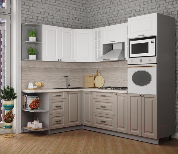 Изображение товара Кухонный гарнитур Интерлиния Мила Деко 1.68x2.4 левая (белый/луна/травертин серый)