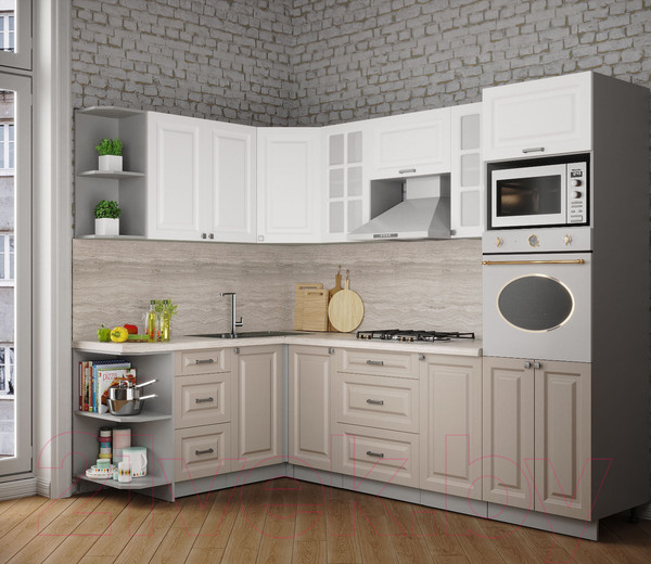 Изображение товара Кухонный гарнитур Интерлиния Мила Деко 1.68x2.6 левая (белый/луна/травертин серый)