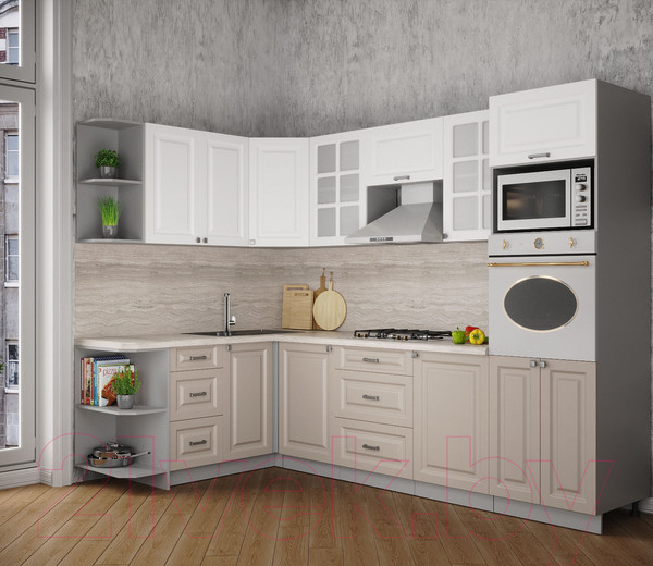 Изображение товара Кухонный гарнитур Интерлиния Мила Деко 1.68x2.8 левая (белый/луна/травертин серый)