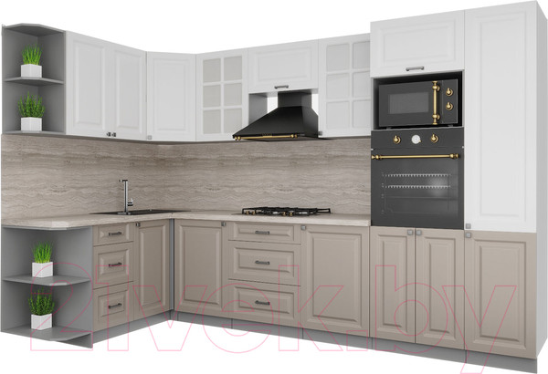 Изображение товара Кухонный гарнитур Интерлиния Мила Деко 1.68x3.2 левая (белый/луна/травертин серый)