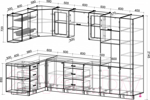 Изображение товара Кухонный гарнитур Интерлиния Мила Деко 1.68x3.2 левая (белый/луна/травертин серый)