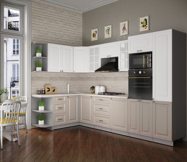 Изображение товара Кухонный гарнитур Интерлиния Мила Деко 1.68x3.2 левая (белый/луна/травертин серый)