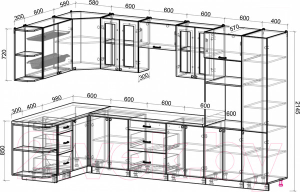 Изображение товара Кухонный гарнитур Интерлиния Мила Деко 1.68x3.4 левая (белый/луна/травертин серый)