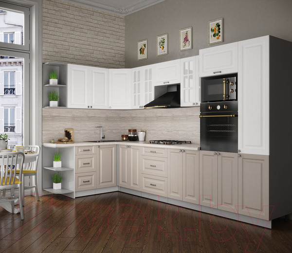 Изображение товара Кухонный гарнитур Интерлиния Мила Деко 1.68x3.4 левая (белый/луна/травертин серый)