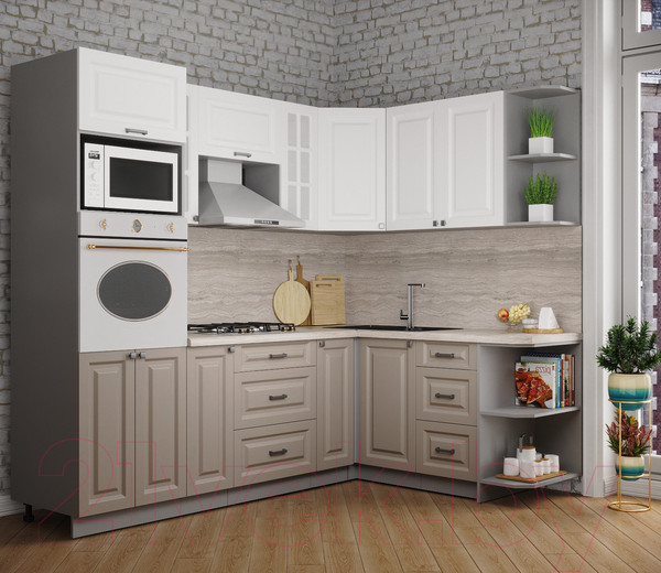 Изображение товара Кухонный гарнитур Интерлиния Мила Деко 1.68x2.4 правая (белый/луна/травертин серый)