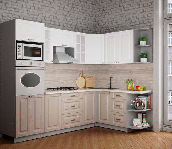 Изображение товара Кухонный гарнитур Интерлиния Мила Деко 1.68x2.6 правая (белый/луна/травертин серый)