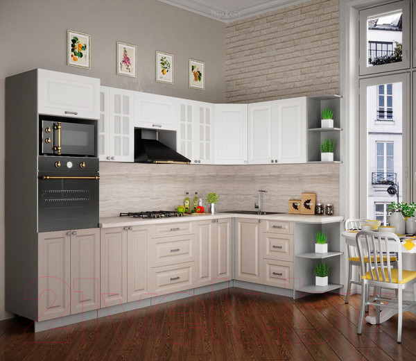 Изображение товара Кухонный гарнитур Интерлиния Мила Деко 1.68x3.0 правая (белый/луна/травертин серый)