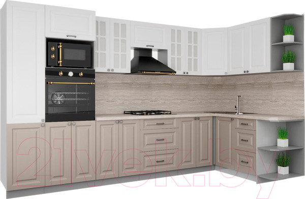 Изображение товара Кухонный гарнитур Интерлиния Мила Деко 1.68x3.4 правая (белый/луна/травертин серый)