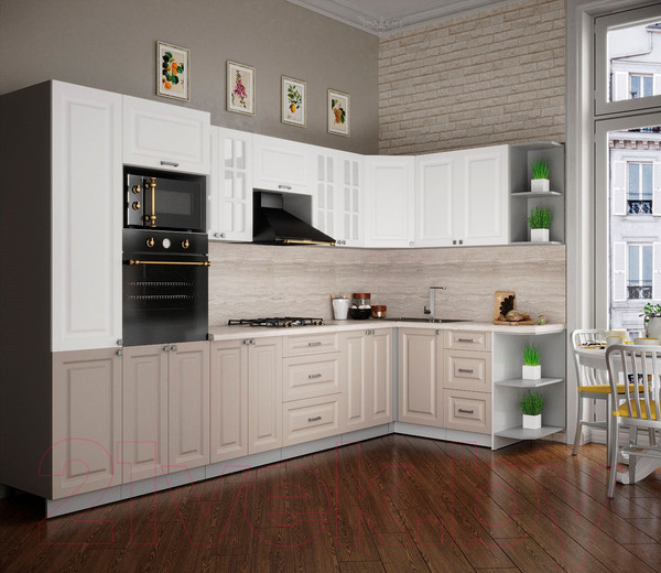 Изображение товара Кухонный гарнитур Интерлиния Мила Деко 1.68x3.4 правая (белый/луна/травертин серый)