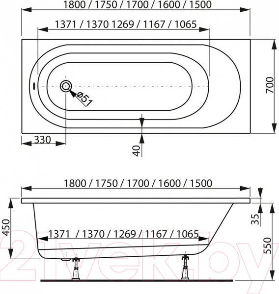 Изображение товара Ванна акриловая VagnerPlast Kasandra 180x70 / VPBA187KAS2X-04 (с каркасом)