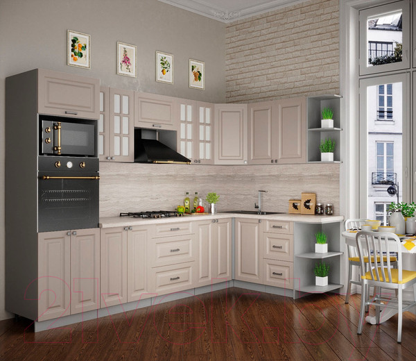 Изображение товара Кухонный гарнитур Интерлиния Мила Деко 1.68x3.0 правая (луна/луна/травертин серый)