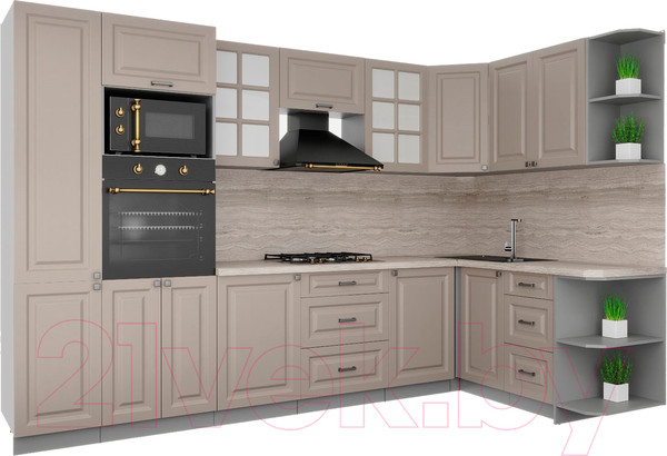 Изображение товара Кухонный гарнитур Интерлиния Мила Деко 1.68x3.2 правая (луна/луна/травертин серый)