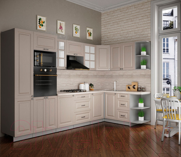 Изображение товара Кухонный гарнитур Интерлиния Мила Деко 1.68x3.2 правая (луна/луна/травертин серый)