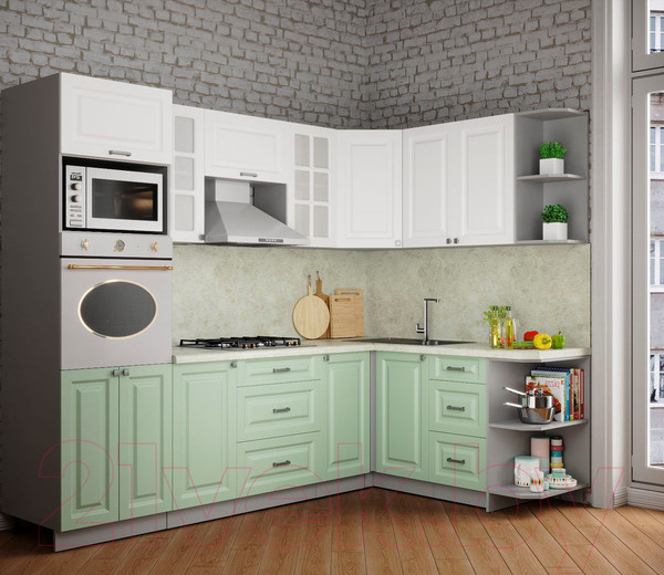 Изображение товара Кухонный гарнитур Интерлиния Мила Деко 1.68x2.6 правая (белый/мята/опал светлый)