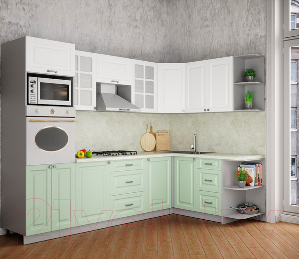 Изображение товара Кухонный гарнитур Интерлиния Мила Деко 1.68x2.8 правая (белый/мята/опал светлый)