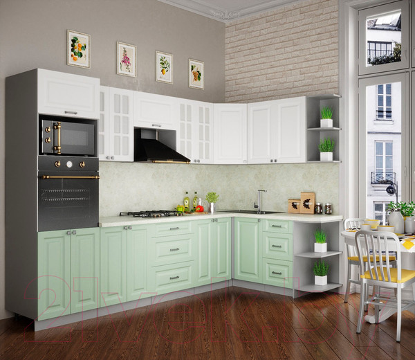 Изображение товара Кухонный гарнитур Интерлиния Мила Деко 1.68x3.0 правая (белый/мята/опал светлый)