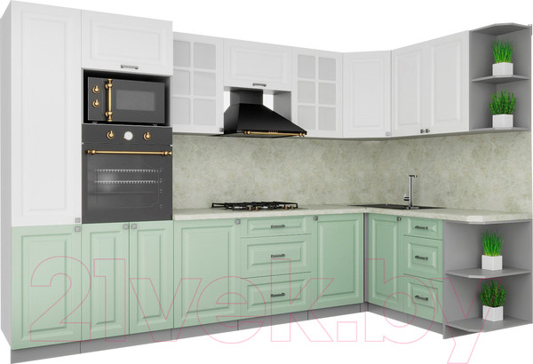 Изображение товара Кухонный гарнитур Интерлиния Мила Деко 1.68x3.2 правая (белый/мята/опал светлый)