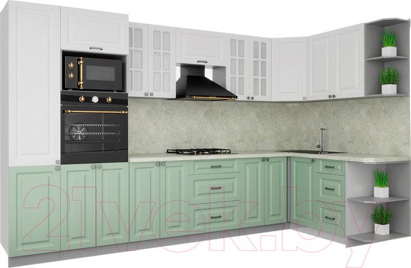 Изображение товара Кухонный гарнитур Интерлиния Мила Деко 1.68x3.4 правая (белый/мята/опал светлый)