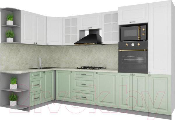 Изображение товара Кухонный гарнитур Интерлиния Мила Деко 1.68x3.2 левая (белый/мята/опал светлый)