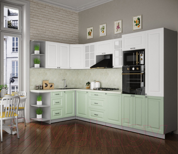 Изображение товара Кухонный гарнитур Интерлиния Мила Деко 1.68x3.2 левая (белый/мята/опал светлый)