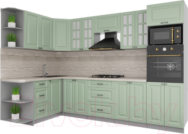 Изображение товара Кухонный гарнитур Интерлиния Мила Деко 1.68x3.0 левая (мята/мята/травертин серый)