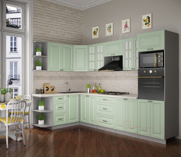 Изображение товара Кухонный гарнитур Интерлиния Мила Деко 1.68x3.0 левая (мята/мята/травертин серый)