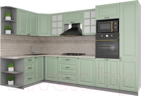 Изображение товара Кухонный гарнитур Интерлиния Мила Деко 1.68x3.2 левая (мята/мята/травертин серый)