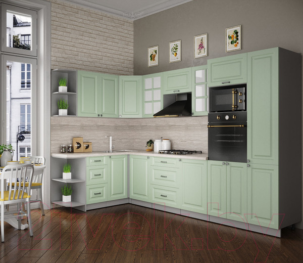 Изображение товара Кухонный гарнитур Интерлиния Мила Деко 1.68x3.2 левая (мята/мята/травертин серый)