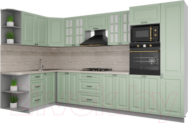 Изображение товара Кухонный гарнитур Интерлиния Мила Деко 1.68x3.4 левая (мята/мята/травертин серый)