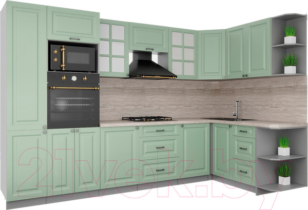 Изображение товара Кухонный гарнитур Интерлиния Мила Деко 1.68x3.2 правая (мята/мята/травертин серый)