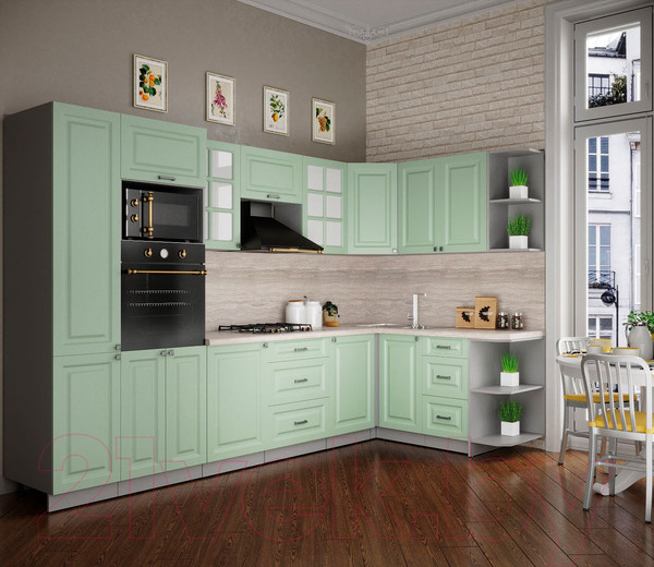 Изображение товара Кухонный гарнитур Интерлиния Мила Деко 1.68x3.2 правая (мята/мята/травертин серый)