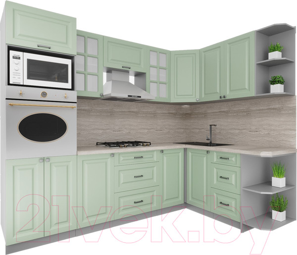 Изображение товара Кухонный гарнитур Интерлиния Мила Деко 1.68x2.6 правая (мята/мята/травертин серый)