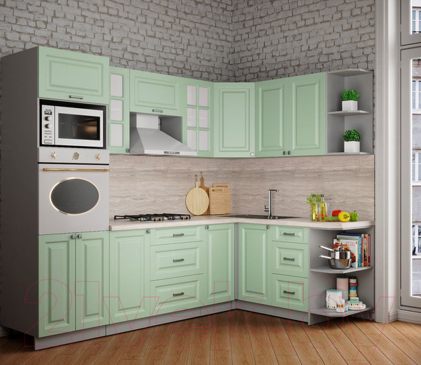 Изображение товара Кухонный гарнитур Интерлиния Мила Деко 1.68x2.6 правая (мята/мята/травертин серый)