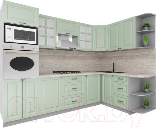 Изображение товара Кухонный гарнитур Интерлиния Мила Деко 1.68x2.8 правая (мята/мята/травертин серый)