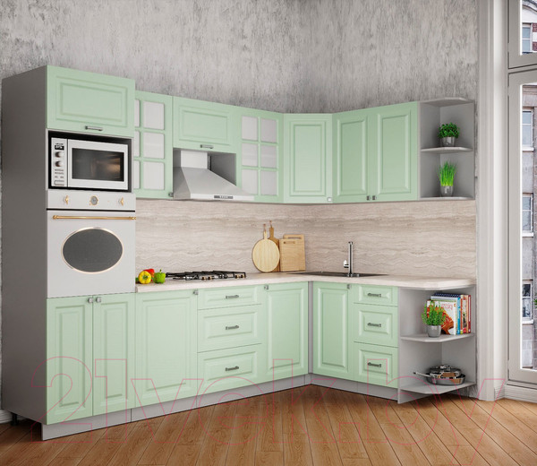 Изображение товара Кухонный гарнитур Интерлиния Мила Деко 1.68x2.8 правая (мята/мята/травертин серый)