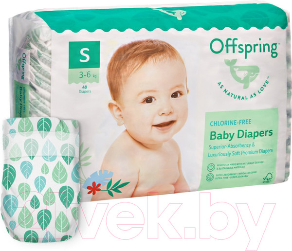 Изображение товара Подгузники детские Offspring S 3-6кг Листочки / OF01S48L (48шт)