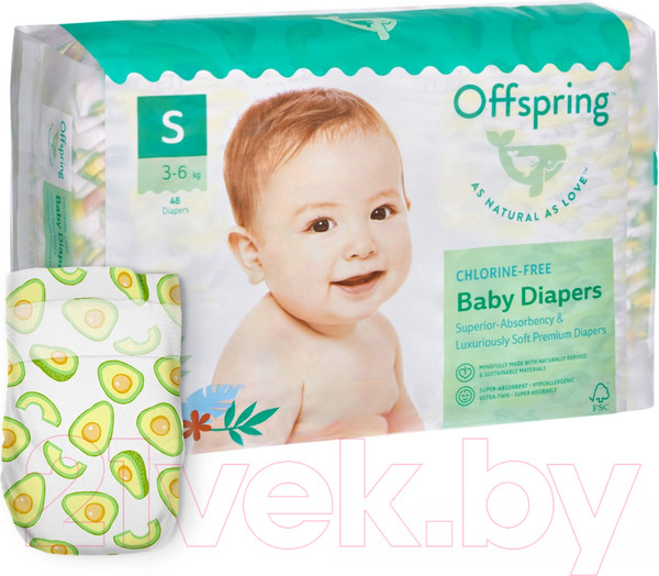 Изображение товара Подгузники детские Offspring S 3-6кг Авокадо / OF01S48AVO (48шт)