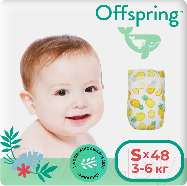 Изображение товара Подгузники детские Offspring S 3-6кг Ананасы / OF01S48PHP (48шт)