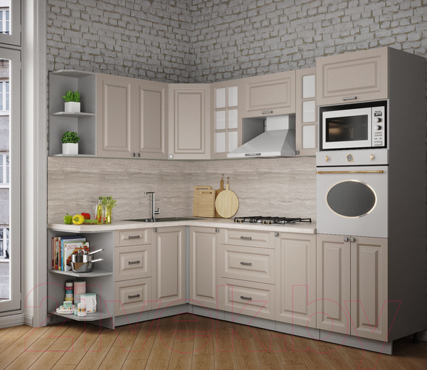 Изображение товара Кухонный гарнитур Интерлиния Мила Деко 1.68x2.6 левая (луна/луна/травертин серый)