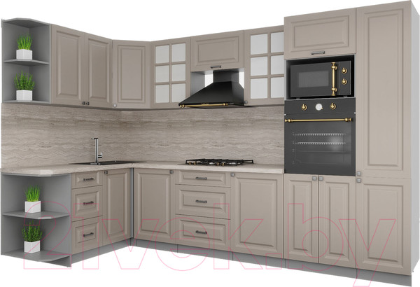 Изображение товара Кухонный гарнитур Интерлиния Мила Деко 1.68x3.2 левая (луна/луна/травертин серый)